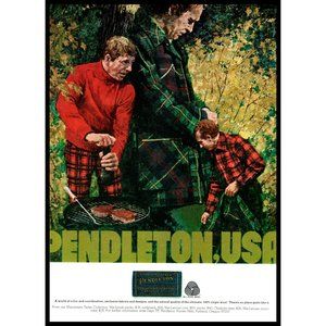 1974 Pendleton Wool Woolen Mills Vintage Print Ad Plaid Charcoal Grill Steak Art